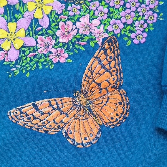 Vintage 80s 90s Floral & Butterflies Cotton Sweatshirt - Sun Sportwear - Large - Picture 5 of 11